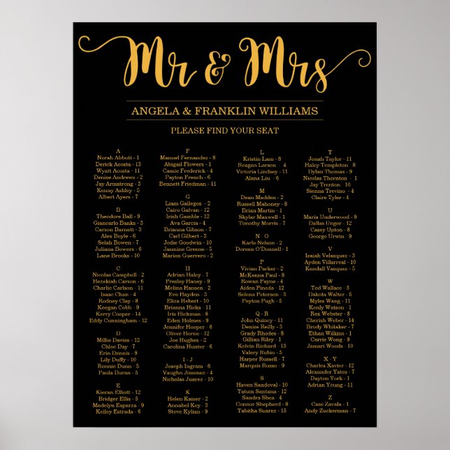 Wedding Seating Chart, Editable Background Color Poster (Front)