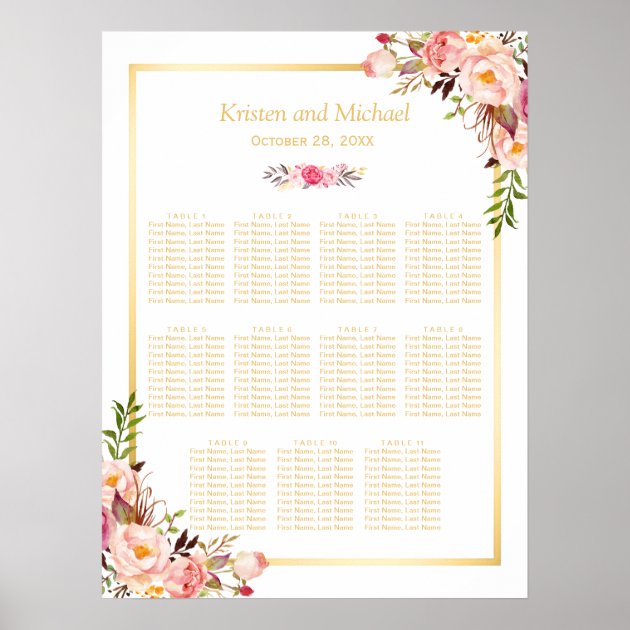 Wedding Seating Chart Elegant Chic Floral Gold Poster