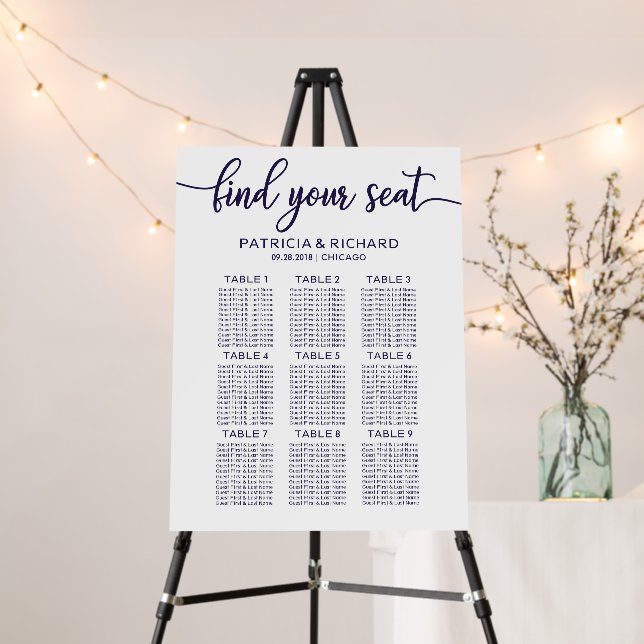 Wedding Seating Chart Elegant Chic Navy Blue Foam Board (In Situ (Stand))