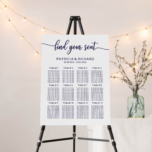 Wedding Seating Chart Elegant Chic Navy Blue Foam Board (In Situ (Stand))