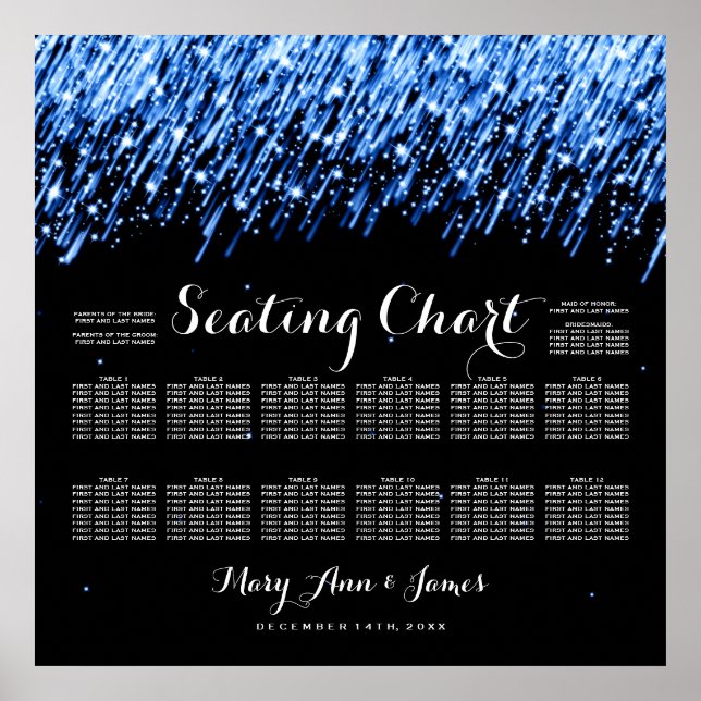 Wedding Seating Chart Falling Stars Sapphire Blue (Front)