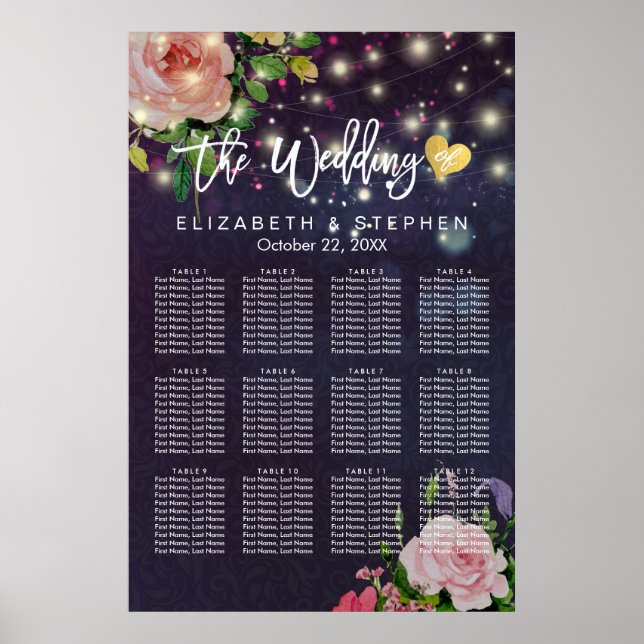 Wedding Seating Chart Floral Purple String Lights (Front)