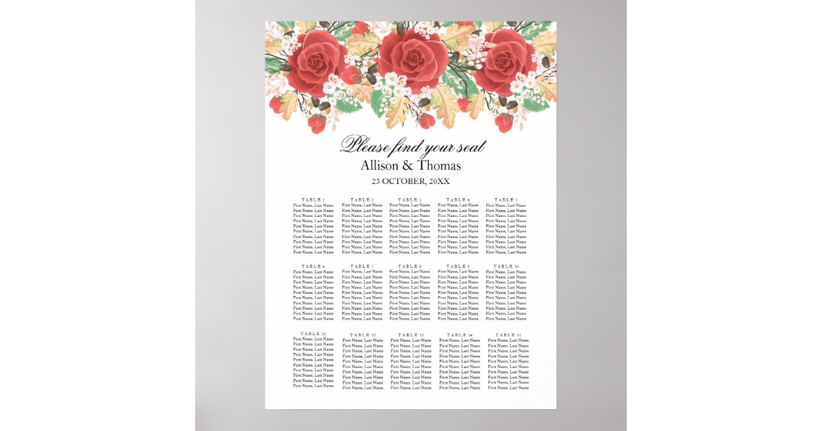Wedding Seating Chart Floral Red Rose Autumn Zazzle Com