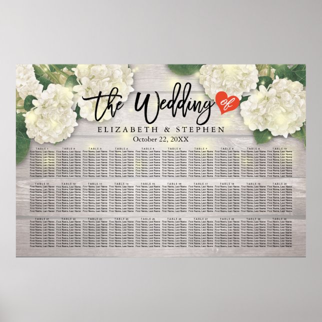 Wedding Seating Chart Flowers String Lights Wood (Front)