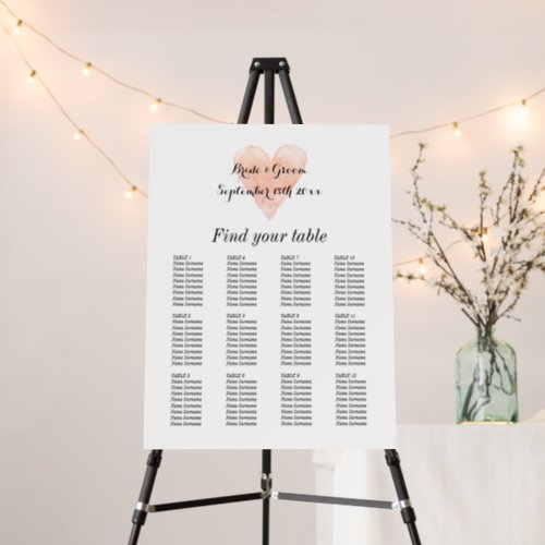 Wedding seating chart foam board with coral heart