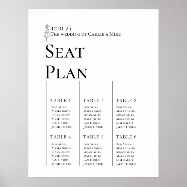 Wedding Seating Chart for 6 tables (Front)