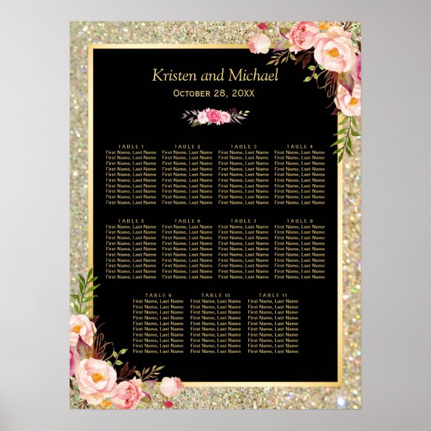 Wedding Seating Chart Gold Glitter Pink Floral Poster