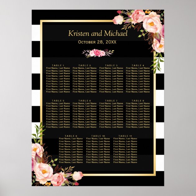 Wedding Seating Chart Gold Vintage Floral Stripes Poster