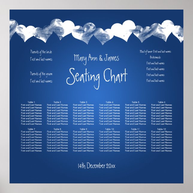 Wedding Seating Chart Grunge Hearts Blue (Front)