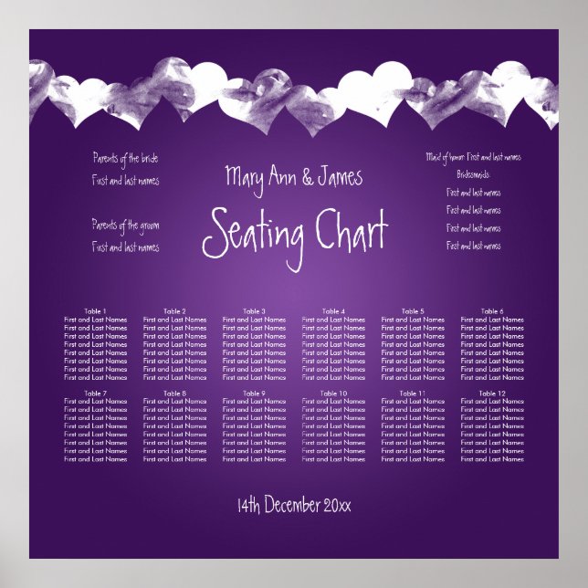 Wedding Seating Chart Grunge Hearts Purple (Front)