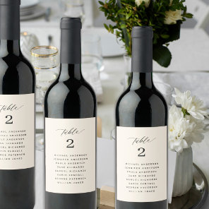 Wedding seating chart guest names table number wine label