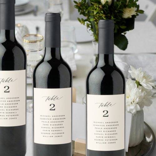 Wedding seating chart guest names table number wine label