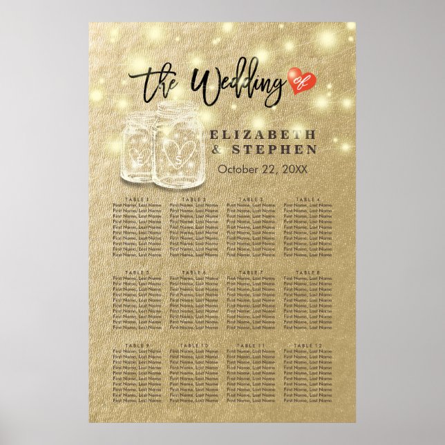 Wedding Seating Chart Mason Jar String Lights Gold (Front)