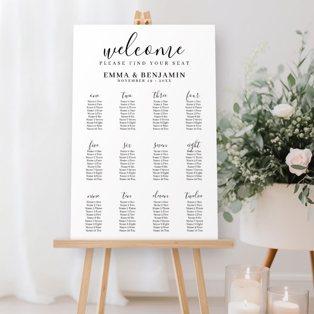 Wedding Seating Chart - Minimal Script 12 table - Foam Board (Wedding Table number seating chart - black and white)