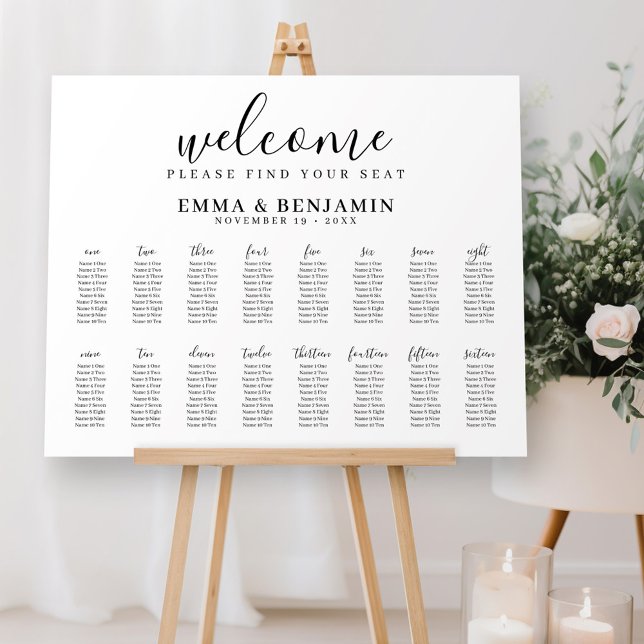 Wedding Seating Chart - Minimal Script 16 table - Foam Board (Welcome Wedding Sign with Table Numbers - modern, minimal black and white)