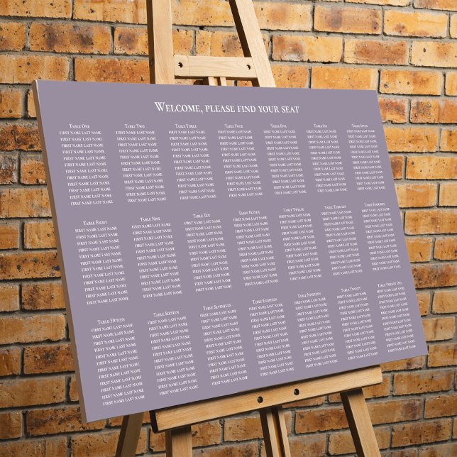 Wedding Seating Chart Minimalist Lilac Custom Foam Board (With a 21 table template with up to 12 people a table. For up to 252 people.)