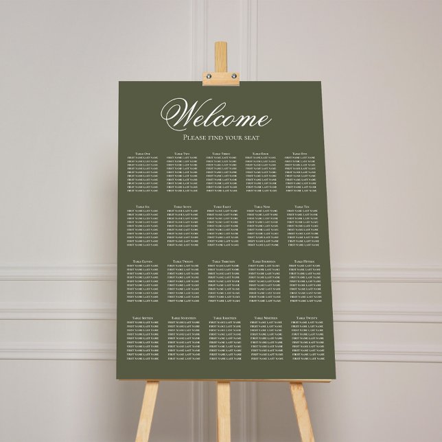 Wedding Seating Chart Olive Green Calligraphy Foam Board (Olive green calligraphy script wedding welcome seating chart sign. )