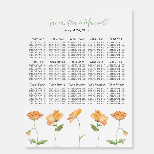 Wedding Seating Chart Orange Florals Foam Board (Front)