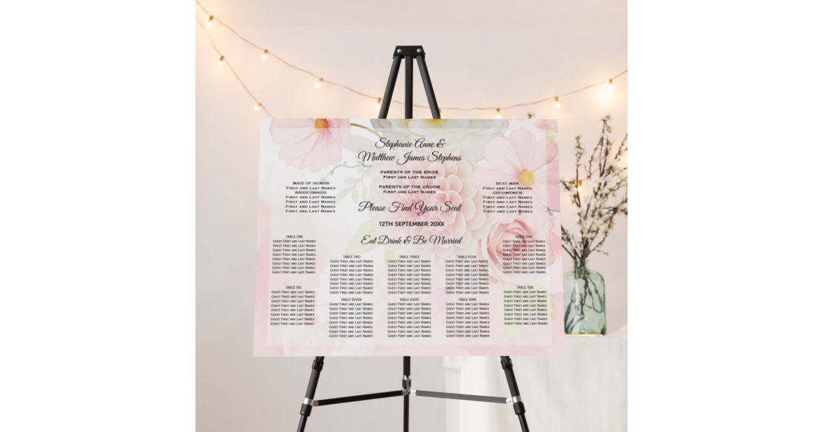 Wedding Seating Chart Pink Floral Foam Board | Zazzle