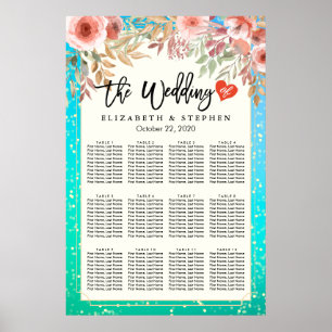 Wedding Seating Chart Pink Floral Teal Gold Dots