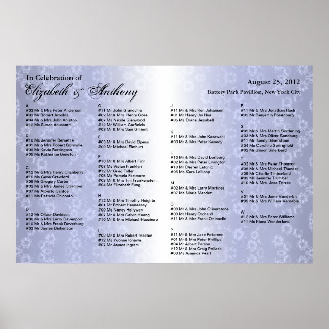 Wedding Seating Chart Poster Blue Floral (Front)