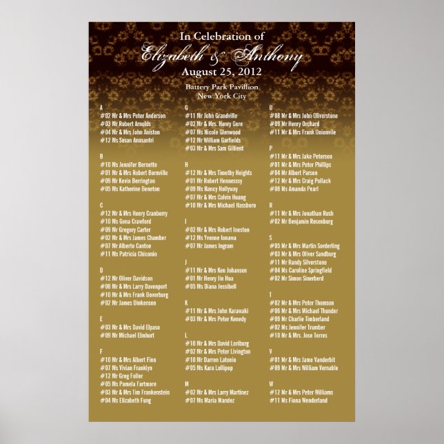 Wedding Seating Chart Poster Gold Floral (Front)
