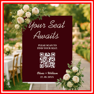 Wedding Seating Chart QR Burgundy & Ivory Rustic Foam Board
