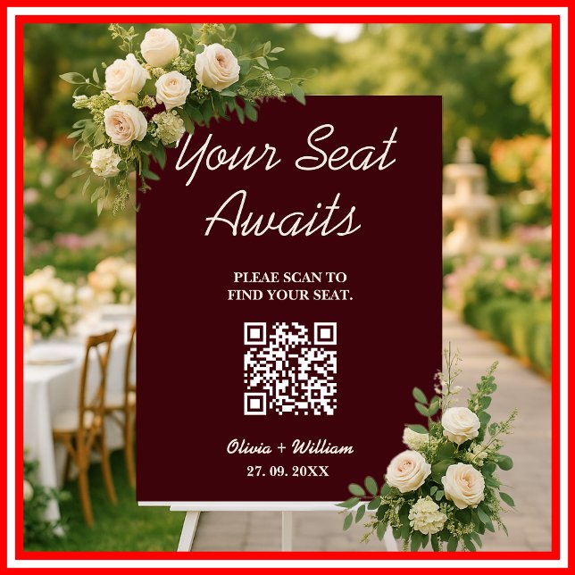 Wedding Seating Chart QR Burgundy & Ivory Rustic  Foam Board (Creator Uploaded)