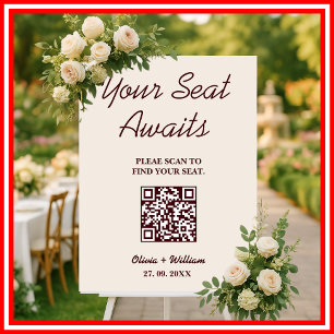 Wedding Seating Chart QR Burgundy & Ivory Rustic Foam Board