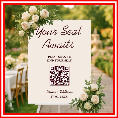 Wedding Seating Chart QR Burgundy & Ivory Rustic Foam Board