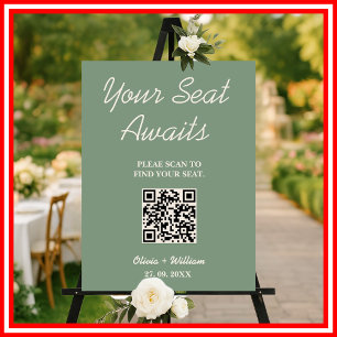Wedding Seating Chart QR Code Boho Sage Green Sign