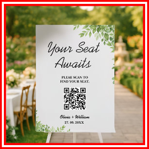 Wedding Seating Chart QR Code Sage Green Greenery Foam Board