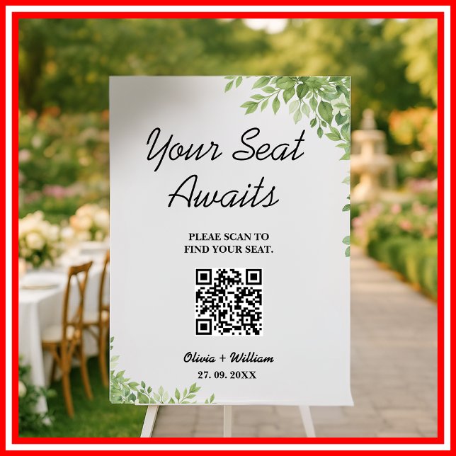 Wedding Seating Chart QR Code Sage Green Greenery  Foam Board (Creator Uploaded)