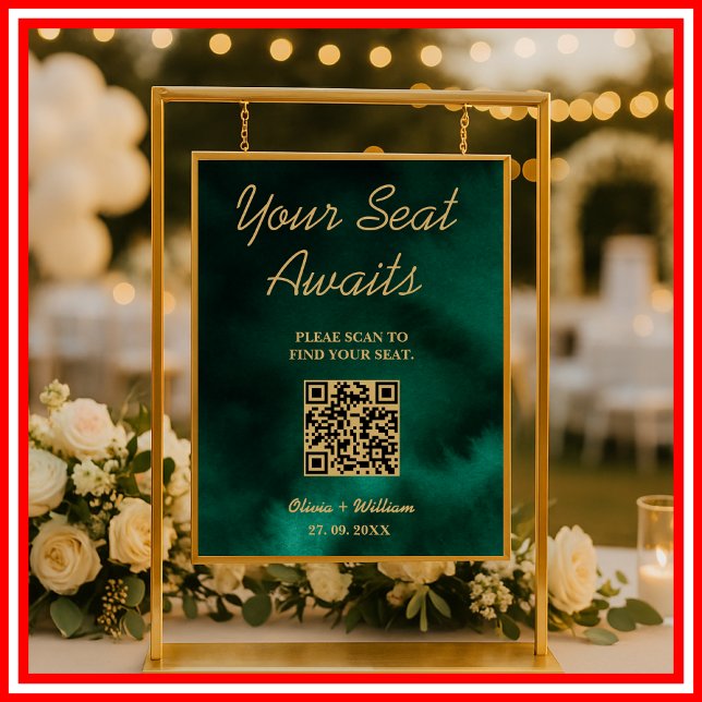 Wedding Seating Chart QR Emerald Green & Gold Sign (Creator Uploaded)