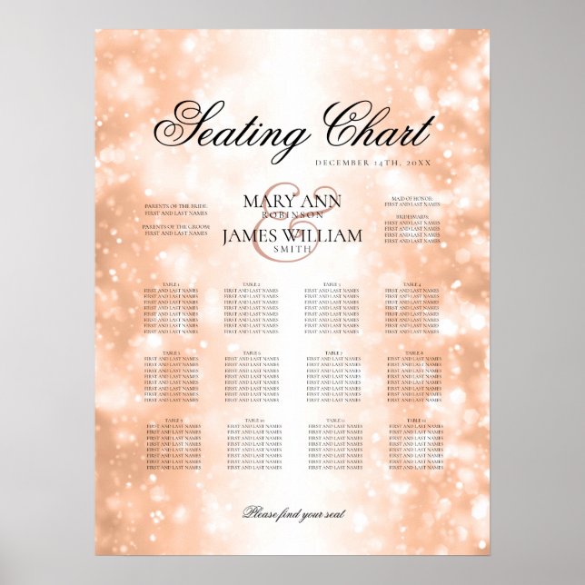 Wedding Seating Chart Rose Gold Shimmer Lights (Front)