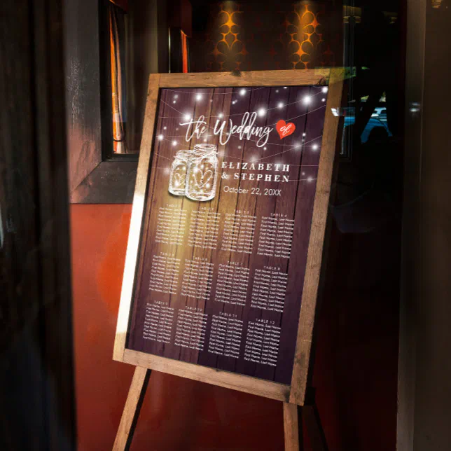 Wedding Seating Chart Rustic Wood Mason Jar Lights | Zazzle