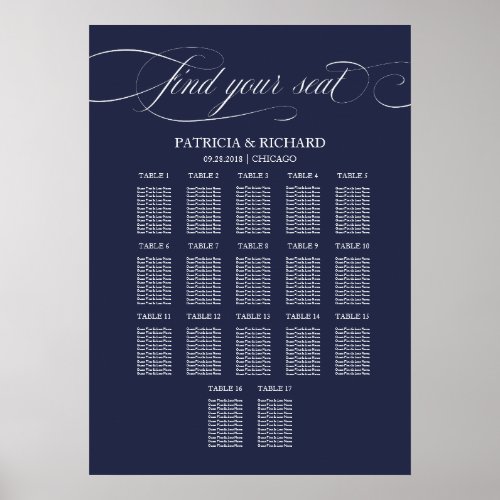 Wedding Seating Chart Sign 16 Tables Navy Blue 