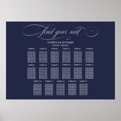Wedding Seating Chart Sign 17 Tables Navy Blue 