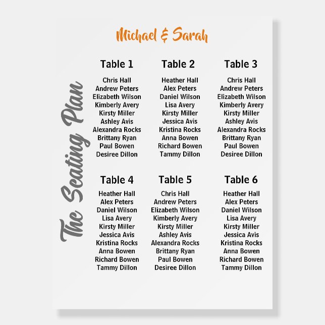 Wedding Seating Chart Sign 6 Tables (Front)