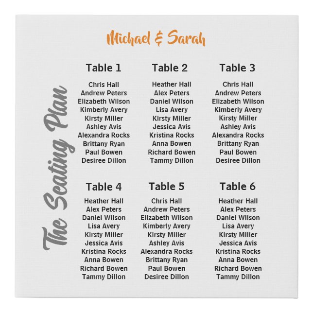 Wedding Seating Chart Sign 6 Tables (Front)
