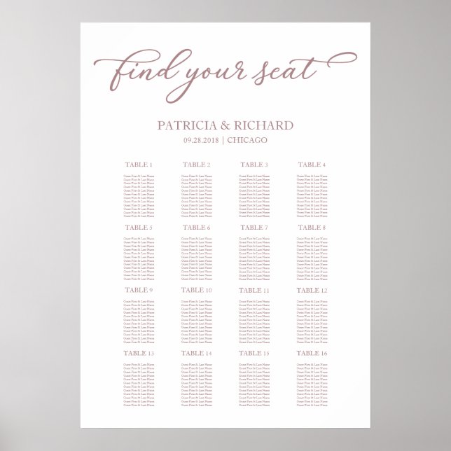 Wedding Seating Chart Sign Chic Rose Gold Script (Front)