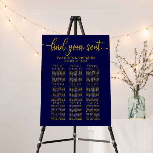Wedding Seating Chart Sign Gold Navy Blue