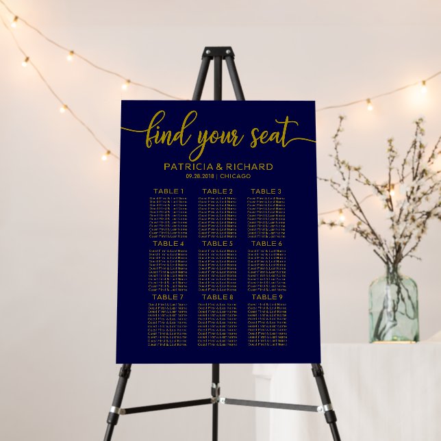 Wedding Seating Chart Sign Gold Navy Blue (In Situ (Stand))