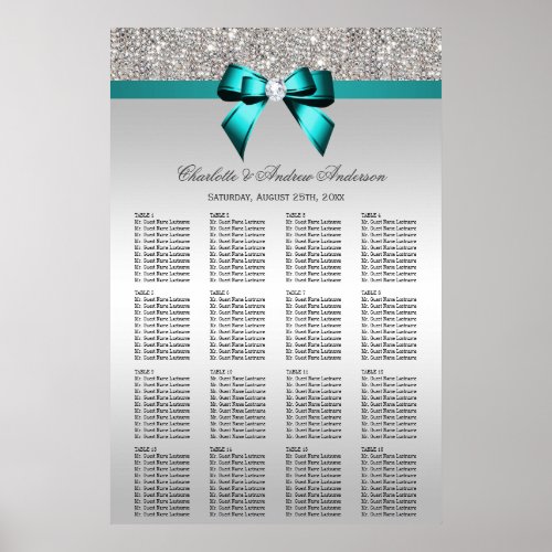 Wedding Seating Chart Silver Sequin Deep Teal Bow