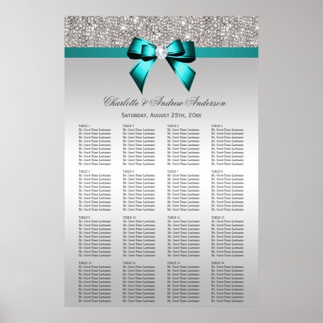 Wedding Seating Chart Silver Sequin Deep Teal Bow (Front)
