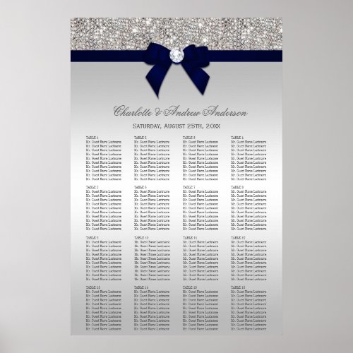 Wedding Seating Chart Silver Sequin Navy Bow