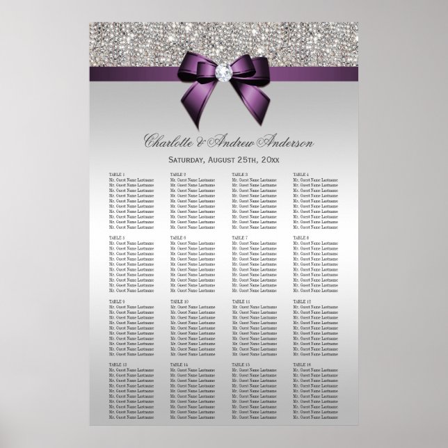 Wedding Seating Chart Silver Sequin Purple Bow (Front)