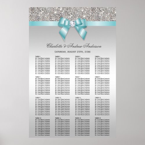 Wedding Seating Chart Silver Sequin Teal Bow