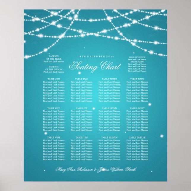 Wedding Seating Chart Sparkling String Turquoise (Front)