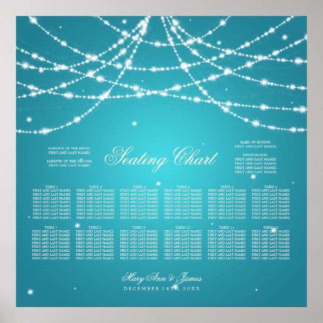Wedding Seating Chart Sparkling String Turquoise (Front)